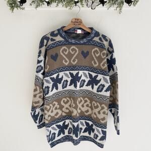 Glamour-knit Vintage Brown And Blue Isle-style Patterned High Neck Sweater Sz M